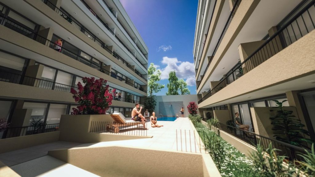 Render patio interior y áreas comunes García Reyes