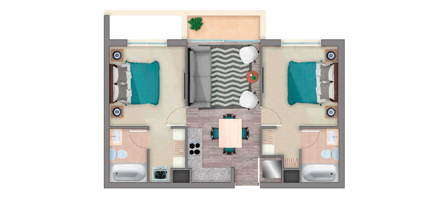 Plano 2 Dorm · 2 Baños (49,6 m²)