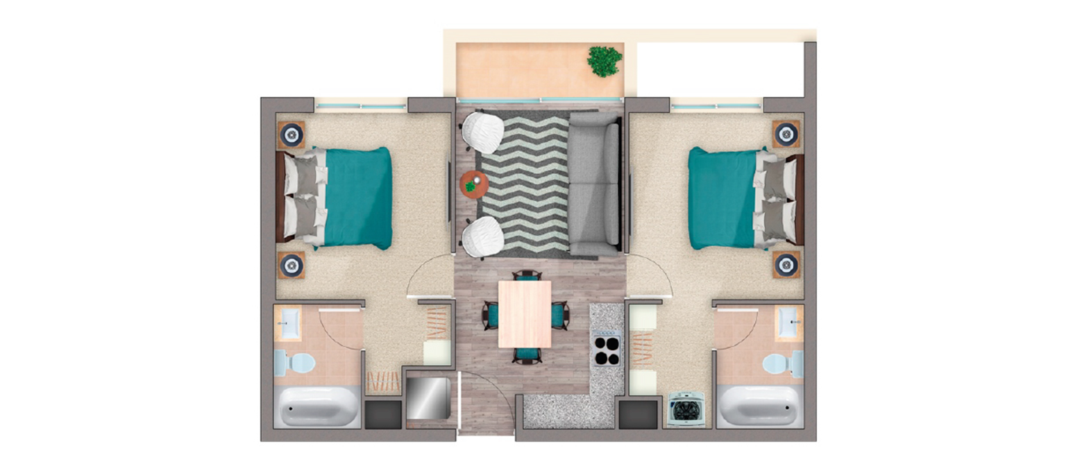 Plano 2 Dorm · 2 Baños (49,5 m²)